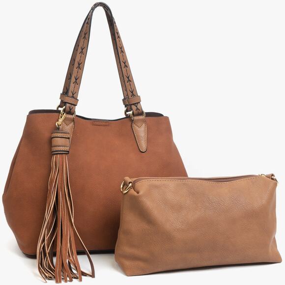 Aliza Large Tassel 2 in 1 Satchel Brown with Brown removable Bag - Picture 1 of 4